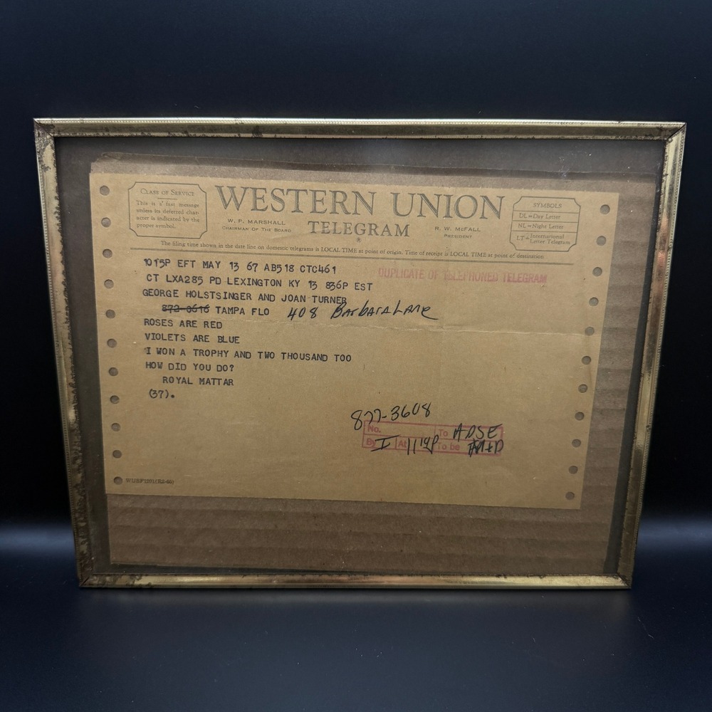 Vintage‎ 1867 Western Union Telegram Framed Poem Roses Are Red Ephemera 10x8
